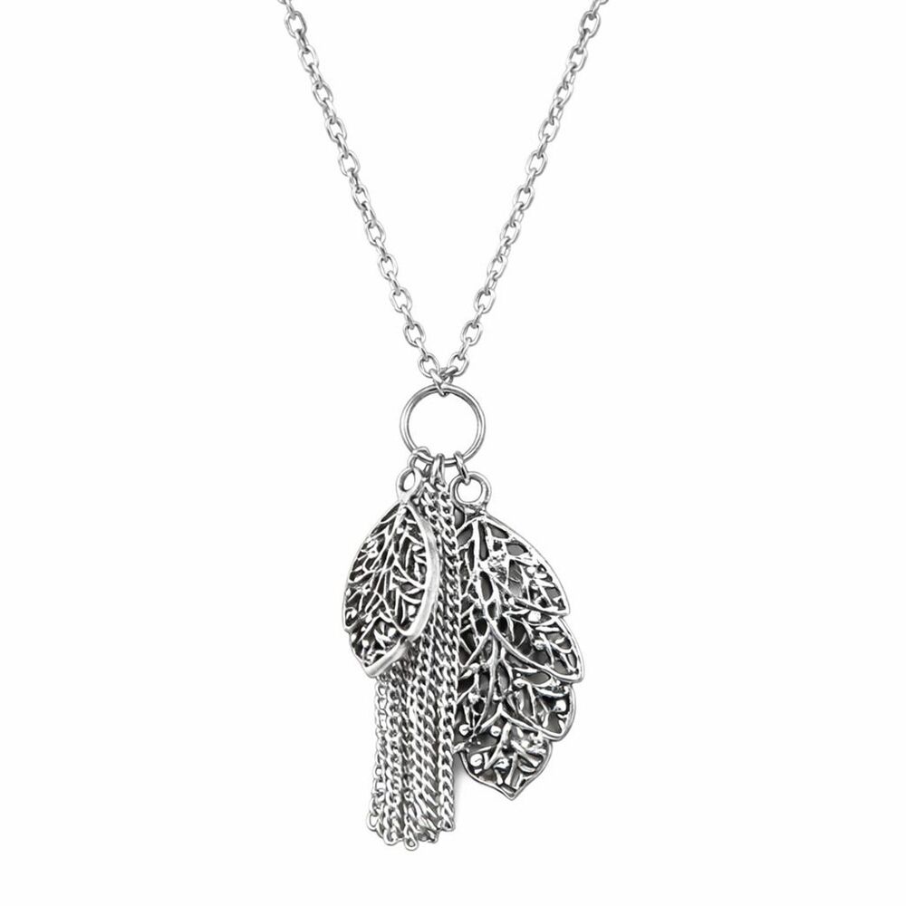 Silver Tone Metal Ornate Double Leaf & Tassel Pendant Necklace 30" - 33"